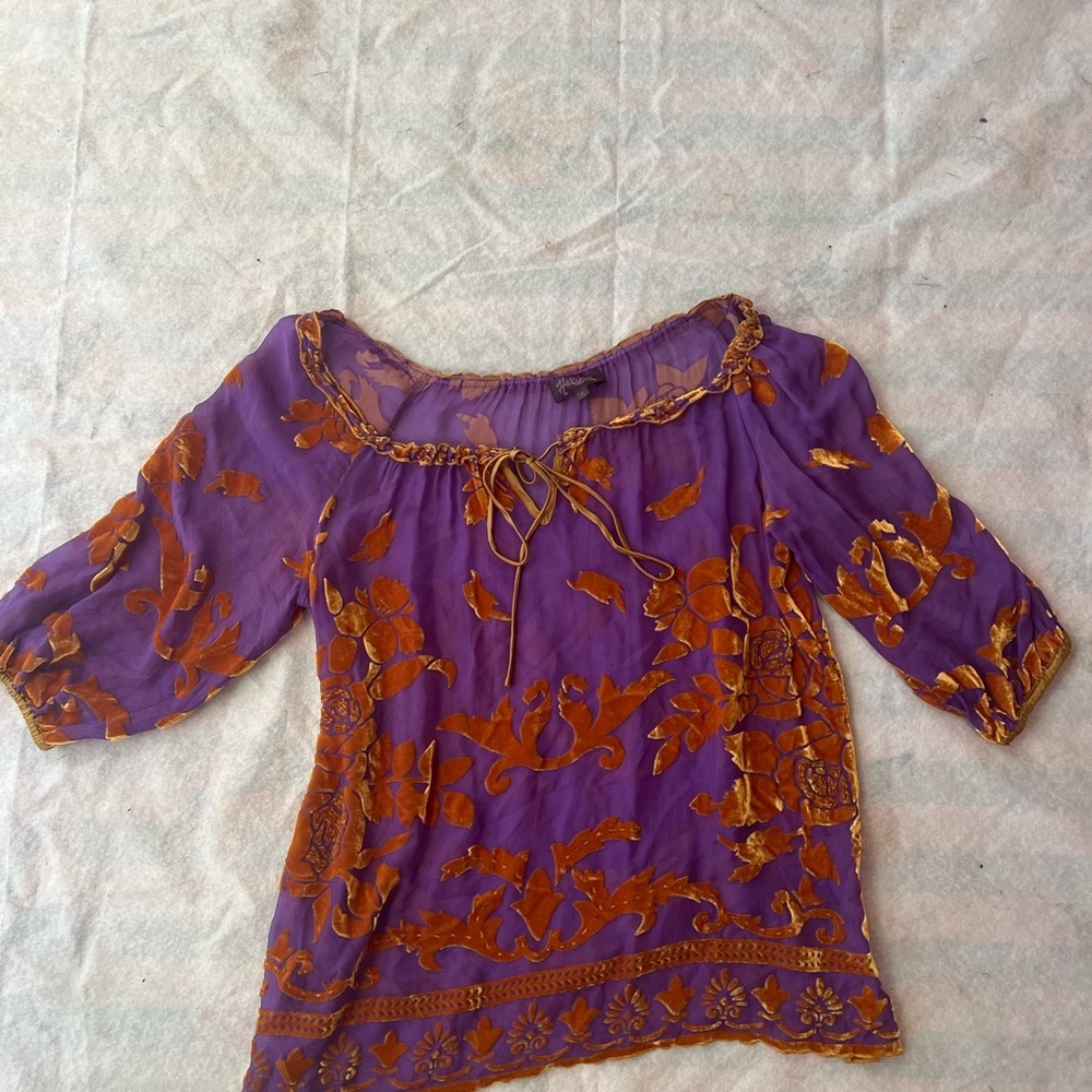 Hale Bob Purple & Gold Floral Boho Top - Women size S